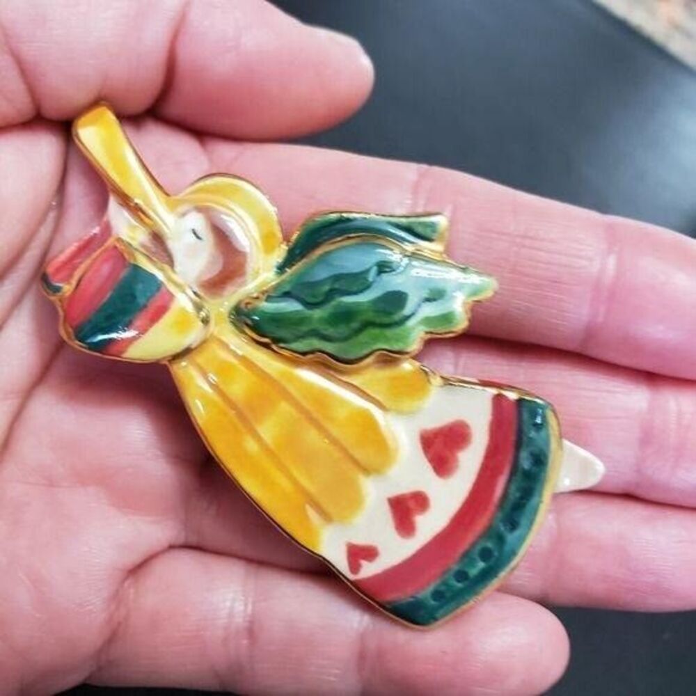 Vintage Flying Angel Porcelain Ceramic Painted Brooch Yellow Green Red